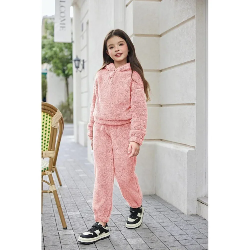 Girls 2 Piece Outfits Sweatsuit Fuzzy Long Sleeve Bear Ear Hoodie Sweatshirt and